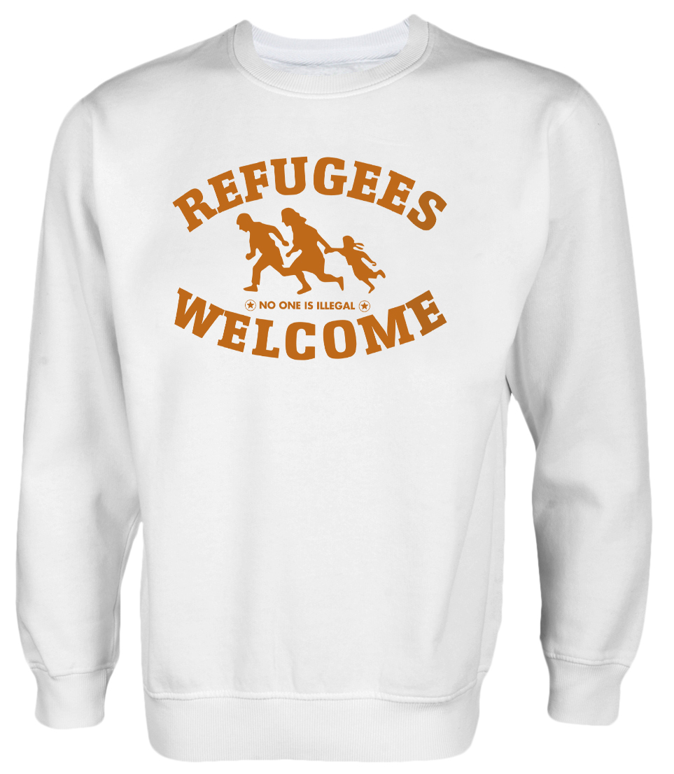  Refugees welcome Pullover Weiß mit orangener Aufschrift - No one is illegal 
