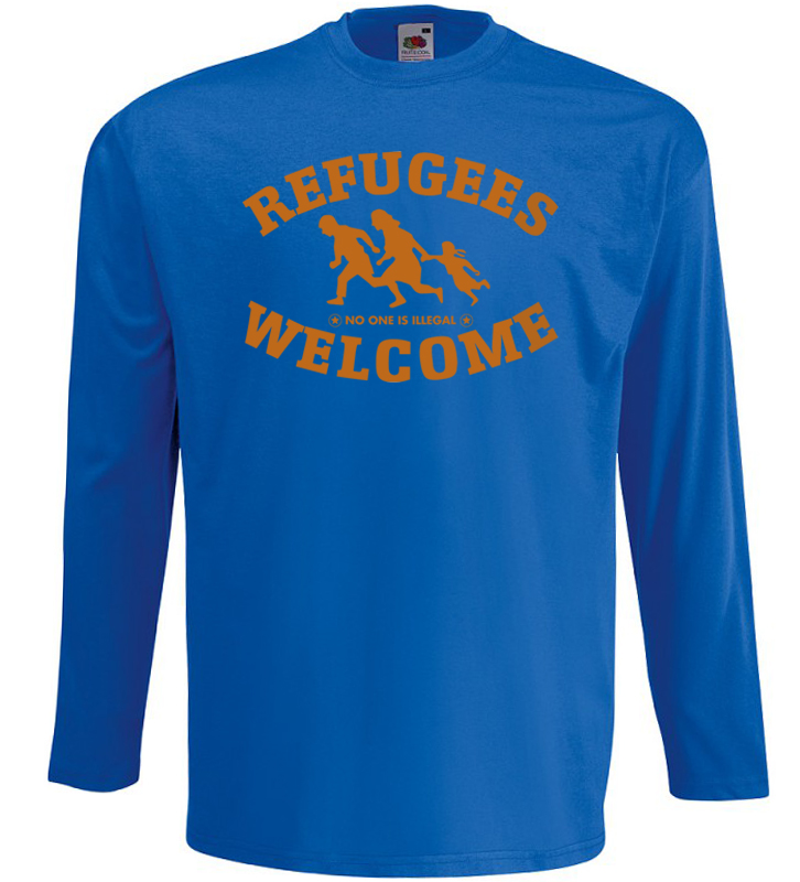  Refugees welcome Langarm Shirt Blau mit orangener Aufschrift - No one is illegal 