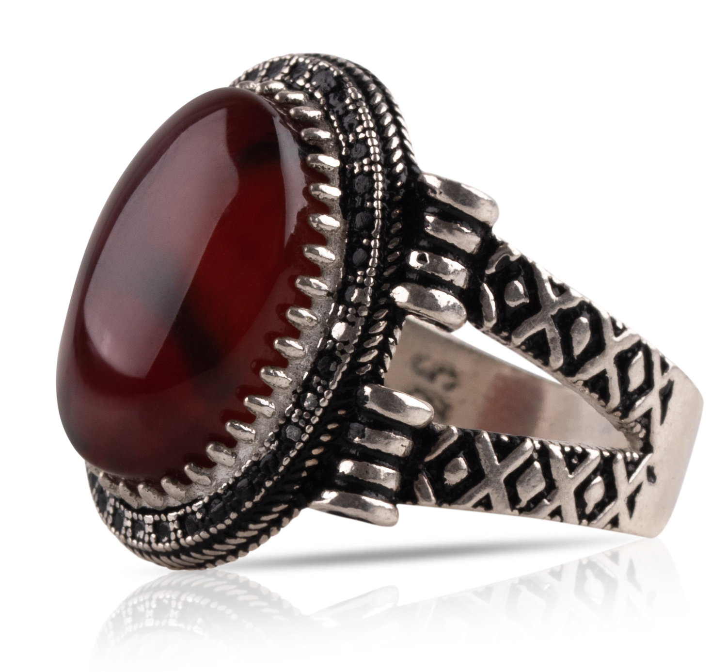 Herren Aqiq Rot - Silberring Fassung graviert - RE42