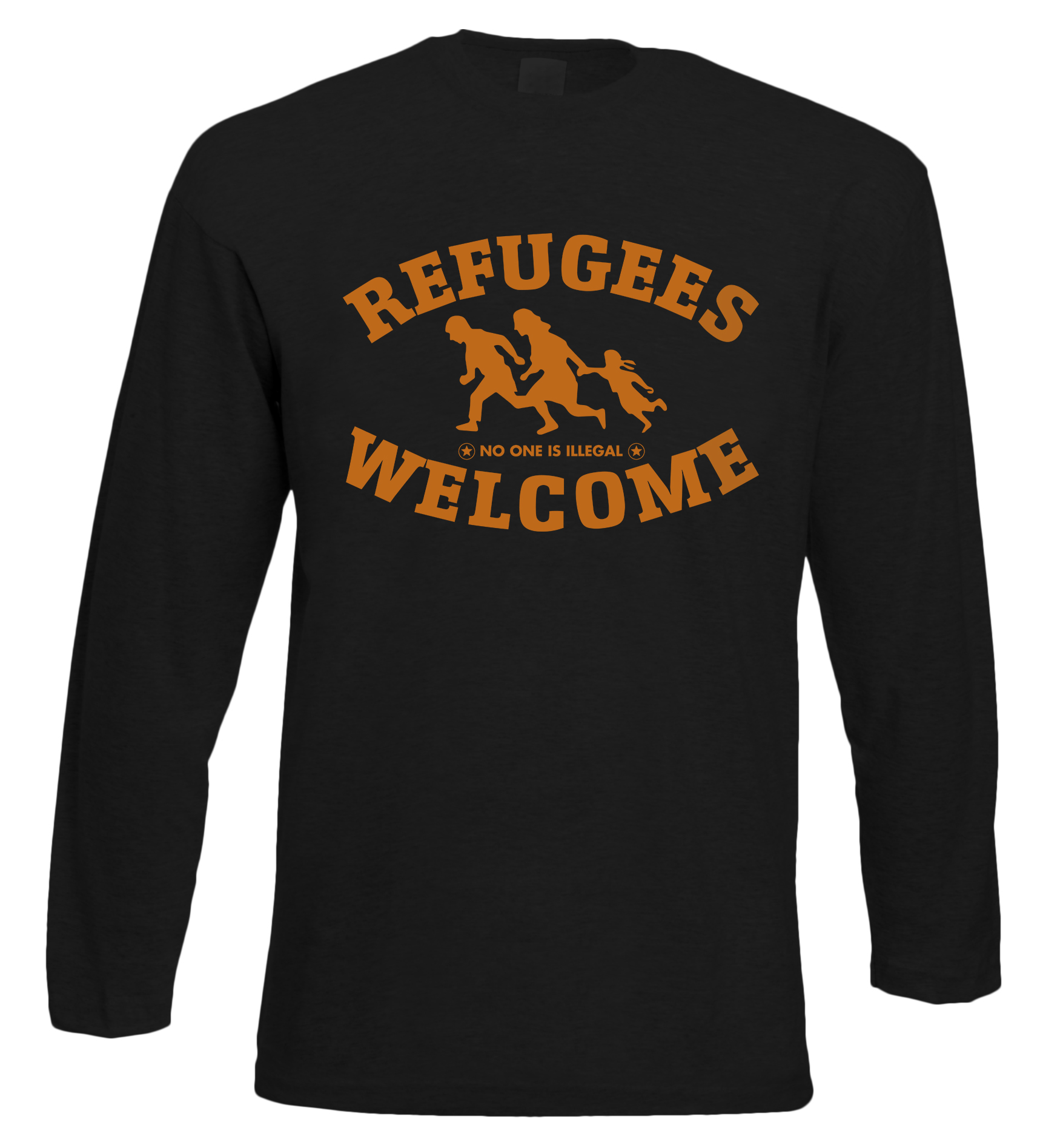 Refugees welcome Langarm Shirt Schwarz mit orangener Aufschrift - No one is illegal 