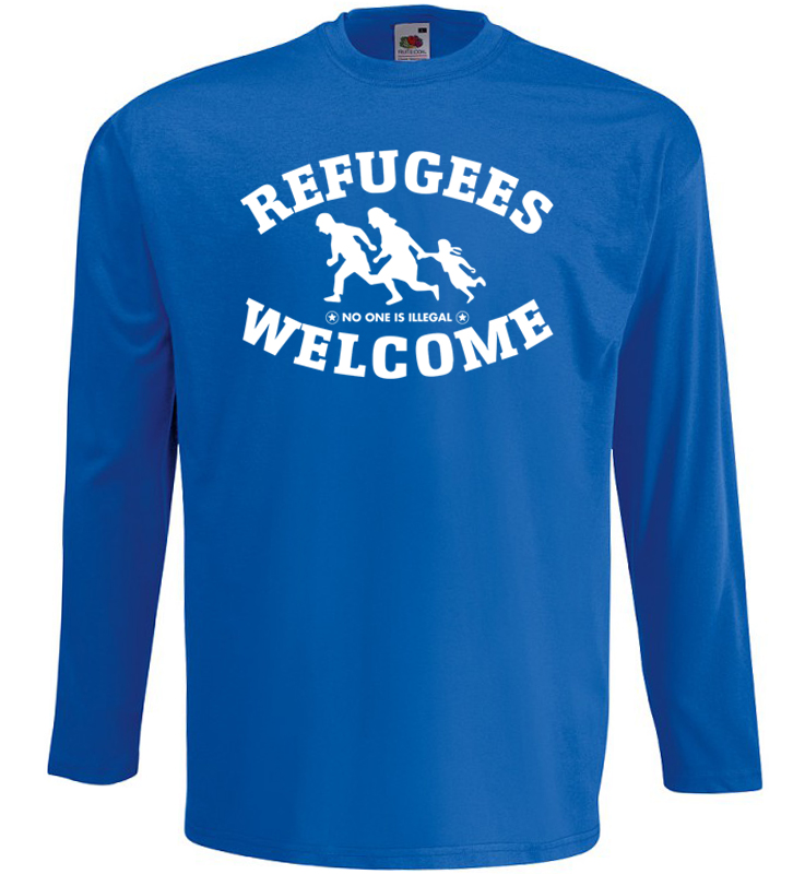  Refugees welcome Langarm Shirt Blau mit weißer Aufschrift - No one is illegal 