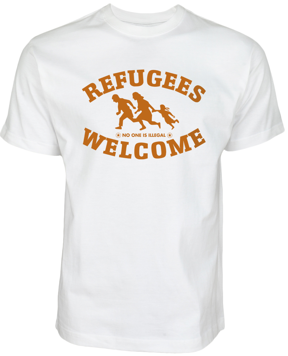  Refugees welcome Shirt Weiß mit orangener Aufschrift - Nobody is illegal 