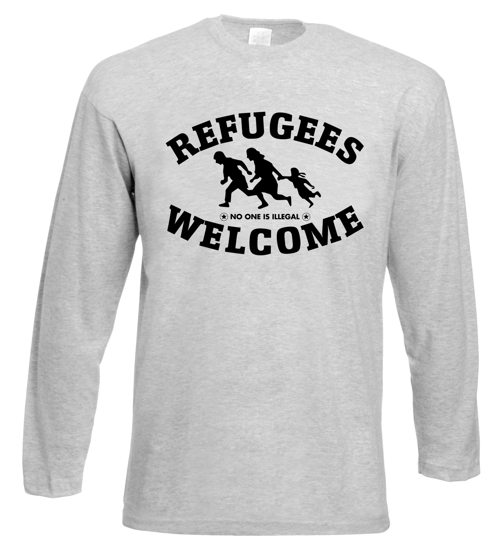 Refugees welcome Langarm Shirt Grau mit schwarzer Aufschrift - No one is illegal 
