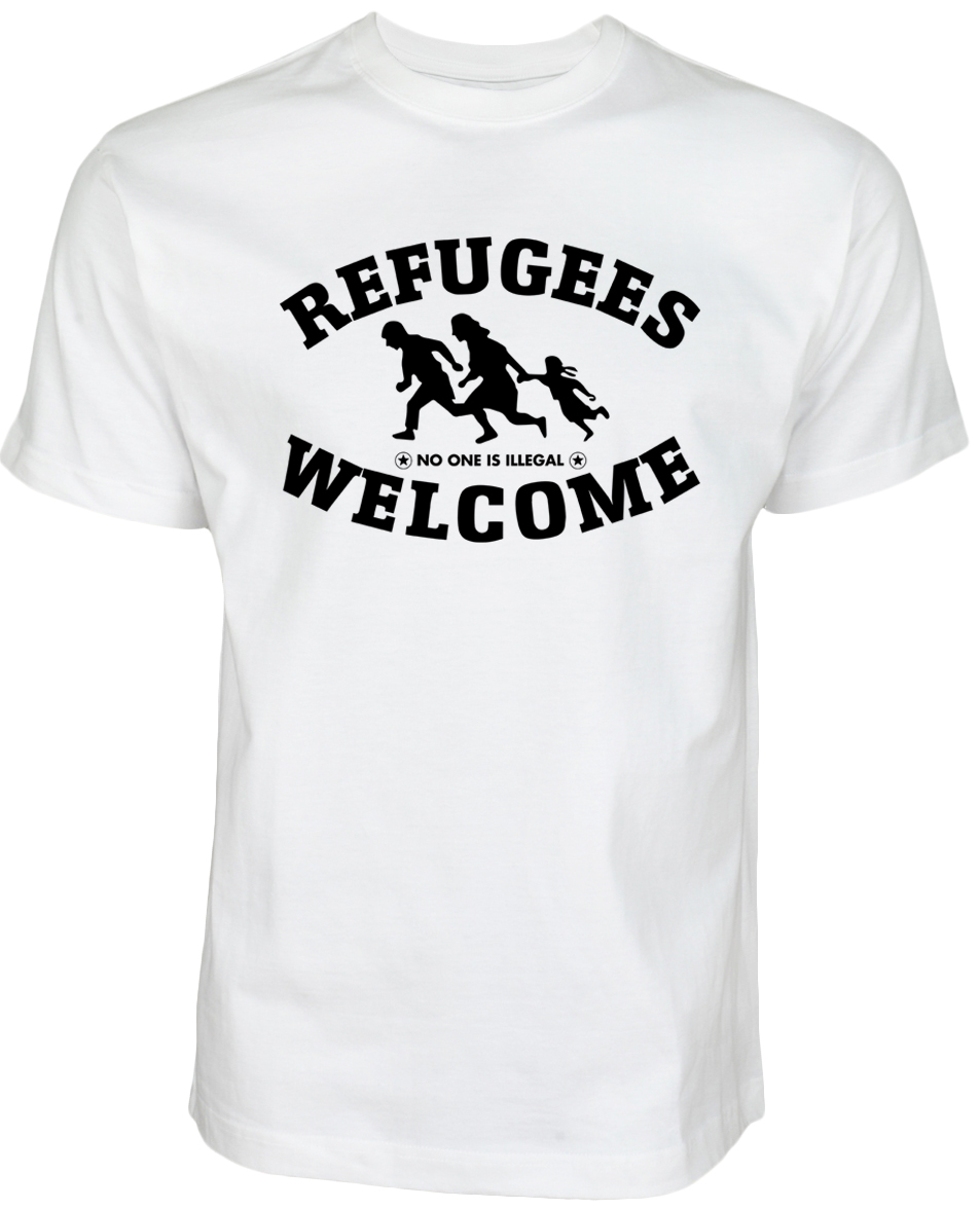  Refugees welcome T Shirt Weiß mit schwarzer Aufschrift - Nobody is illegal 