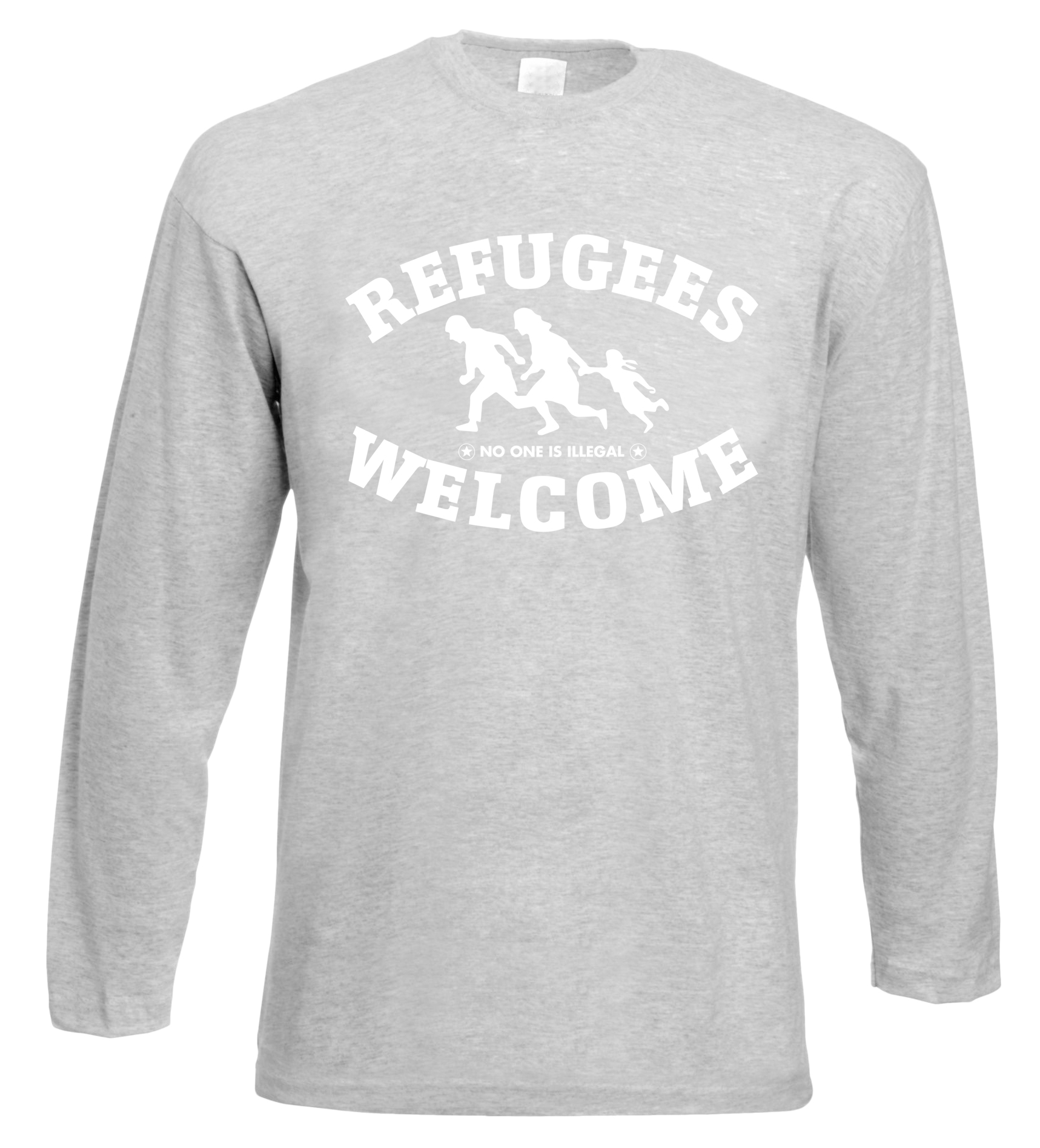  Refugees welcome Langarm Shirt Grau mit weißer Aufschrift - No one is illegal 