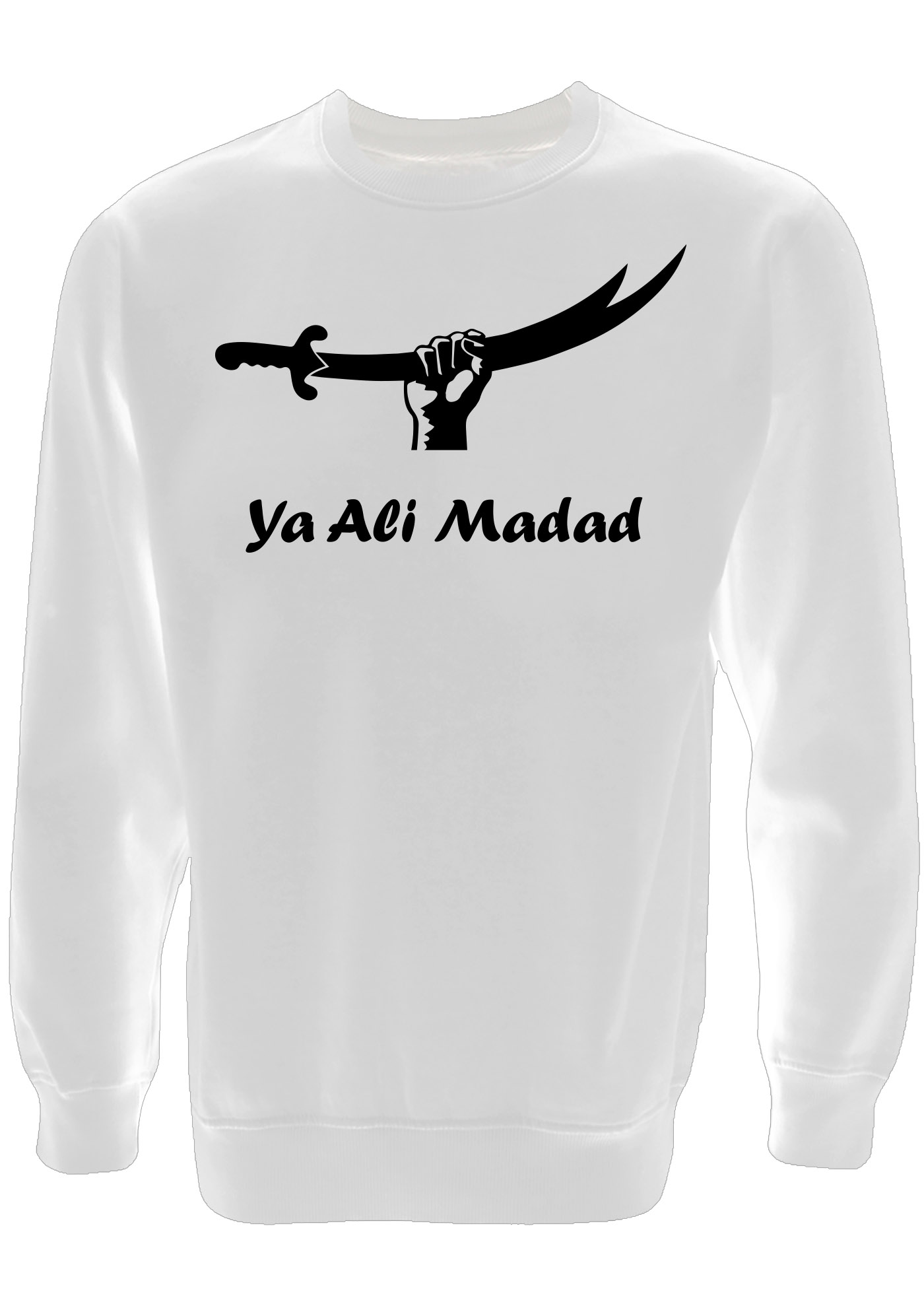 Ya Ali Madad Zulfikar Herren Pullover Weiß mit schwarzer Aufschrift