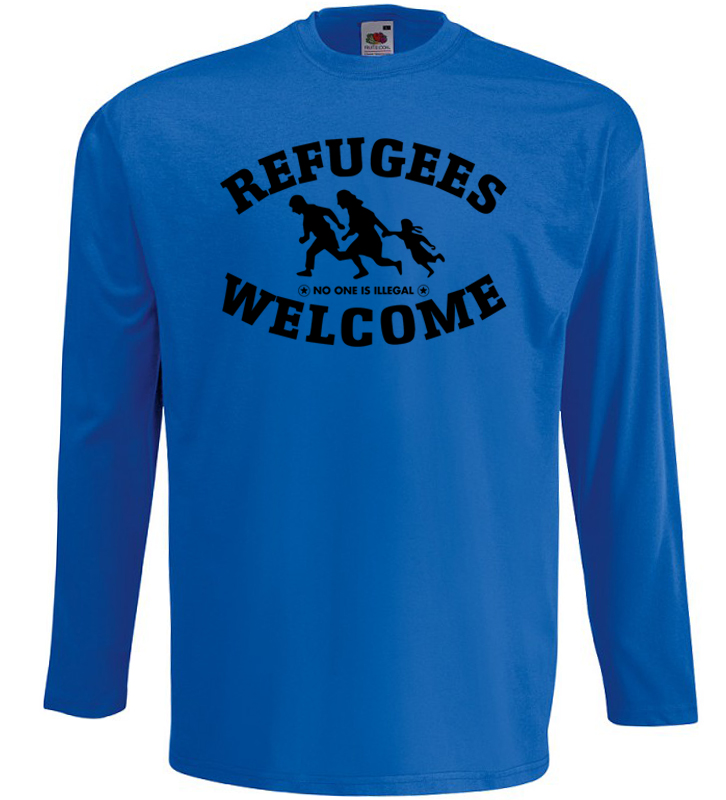  Refugees welcome Langarm Shirt Blau mit schwarzer Aufschrift - No one is illegal 