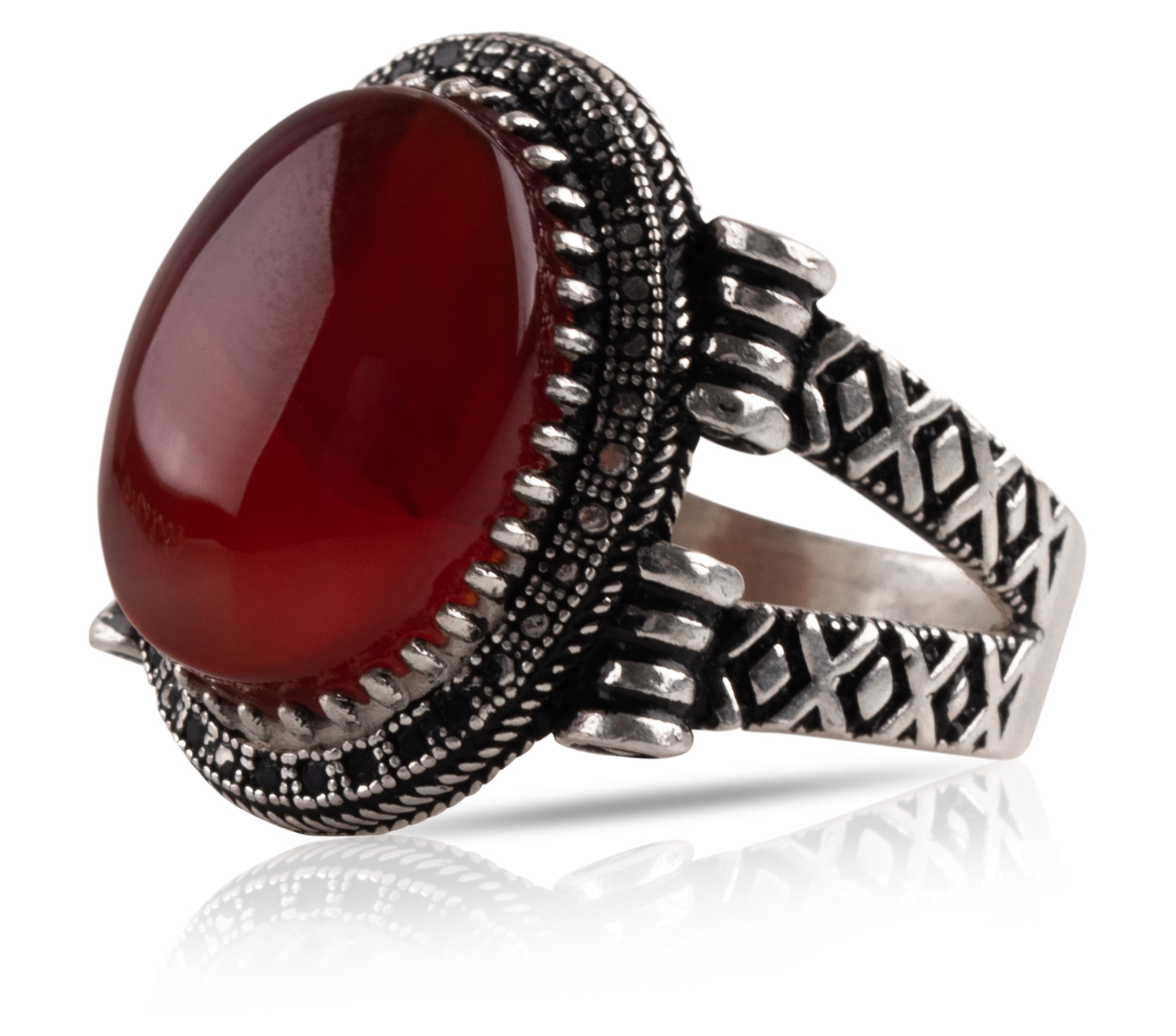 Herren Aqiq Rot - Silberring Fassung graviert - RE42