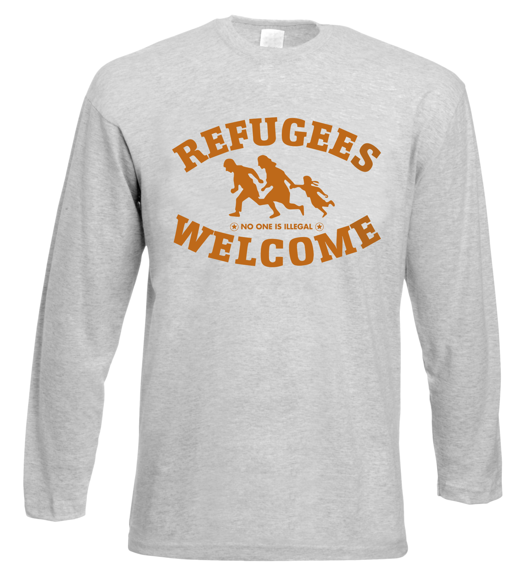 Refugees welcome Langarm Shirt Grau mit orangener Aufschrift - No one is illegal