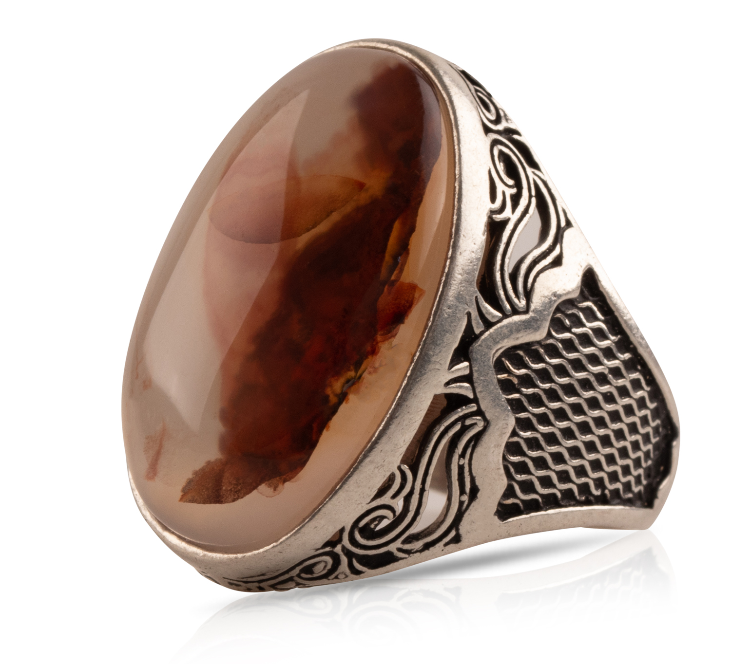 Herren Aqiq Rot - Silberring Fassung graviert - RE56