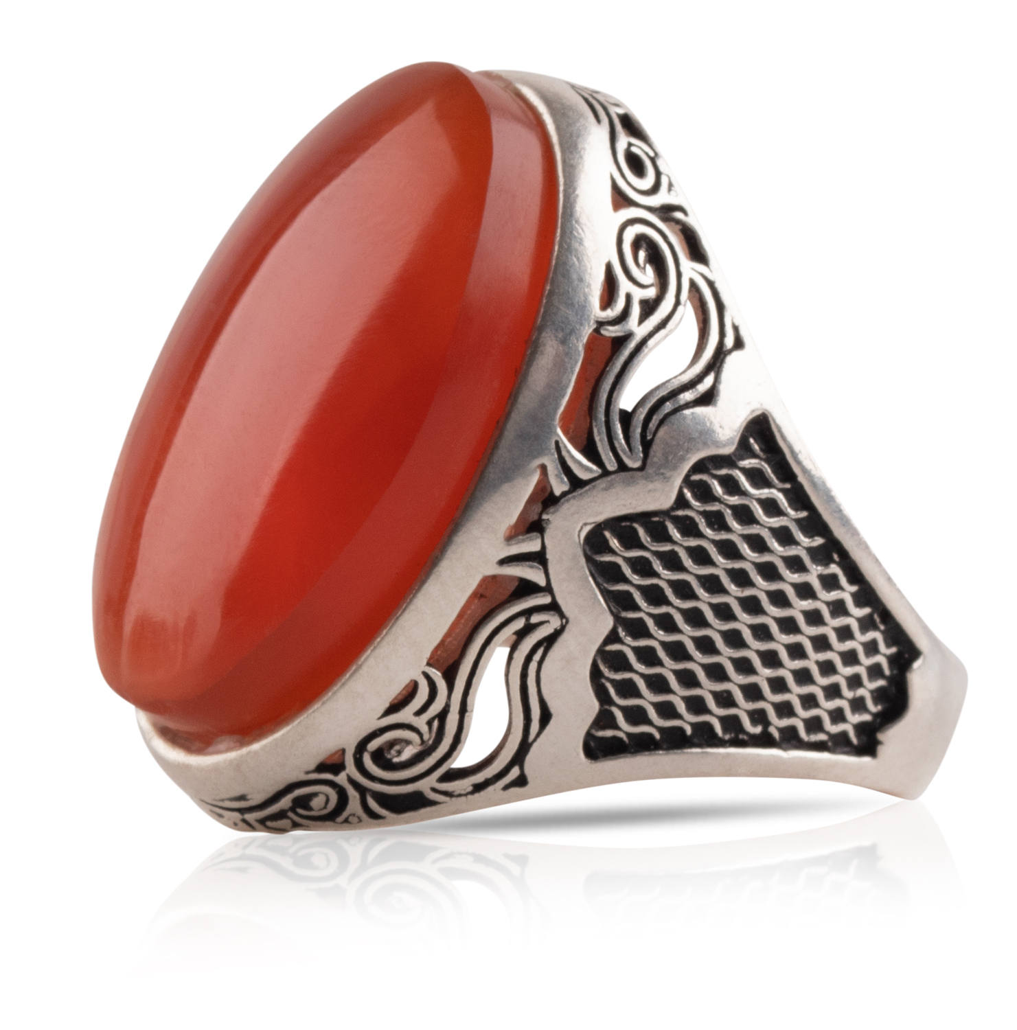 Herren Aqiq Rot - Silberring Fassung graviert - RE56
